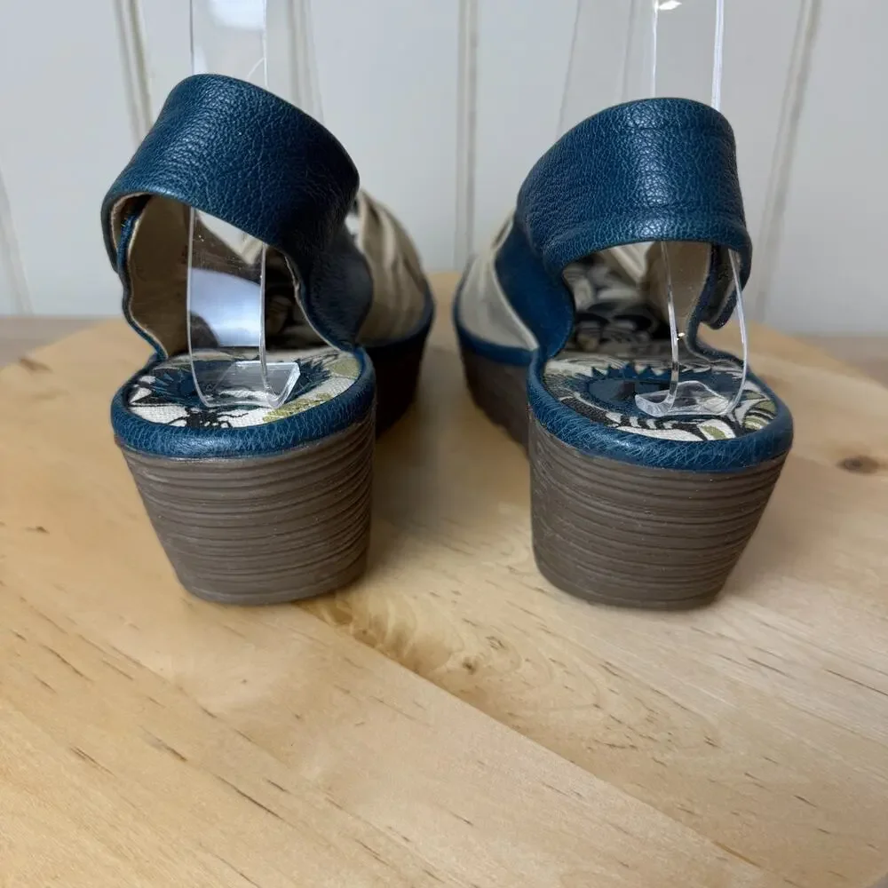 FLY LONDON EU 37 US 6-6.5 Yakin Yata Leather Blue Cream Sandals - Picture 4 of 15